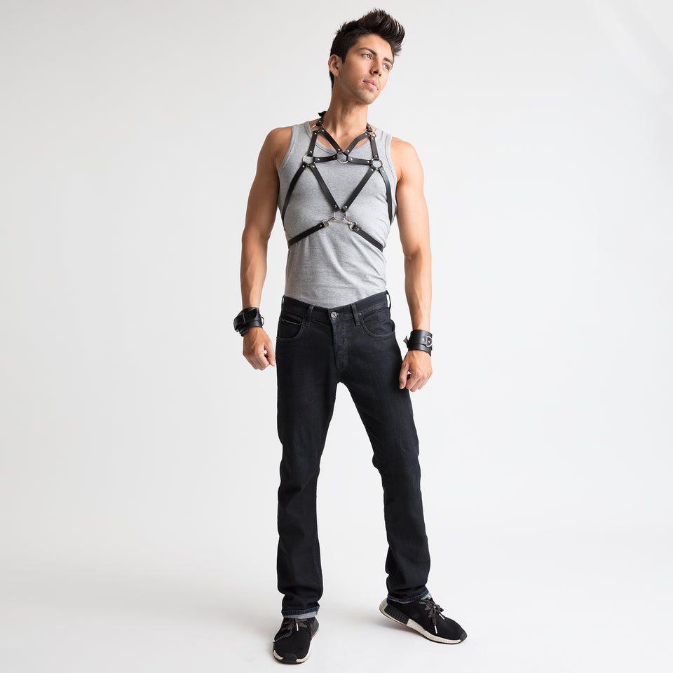 model wearing new york mens body harness