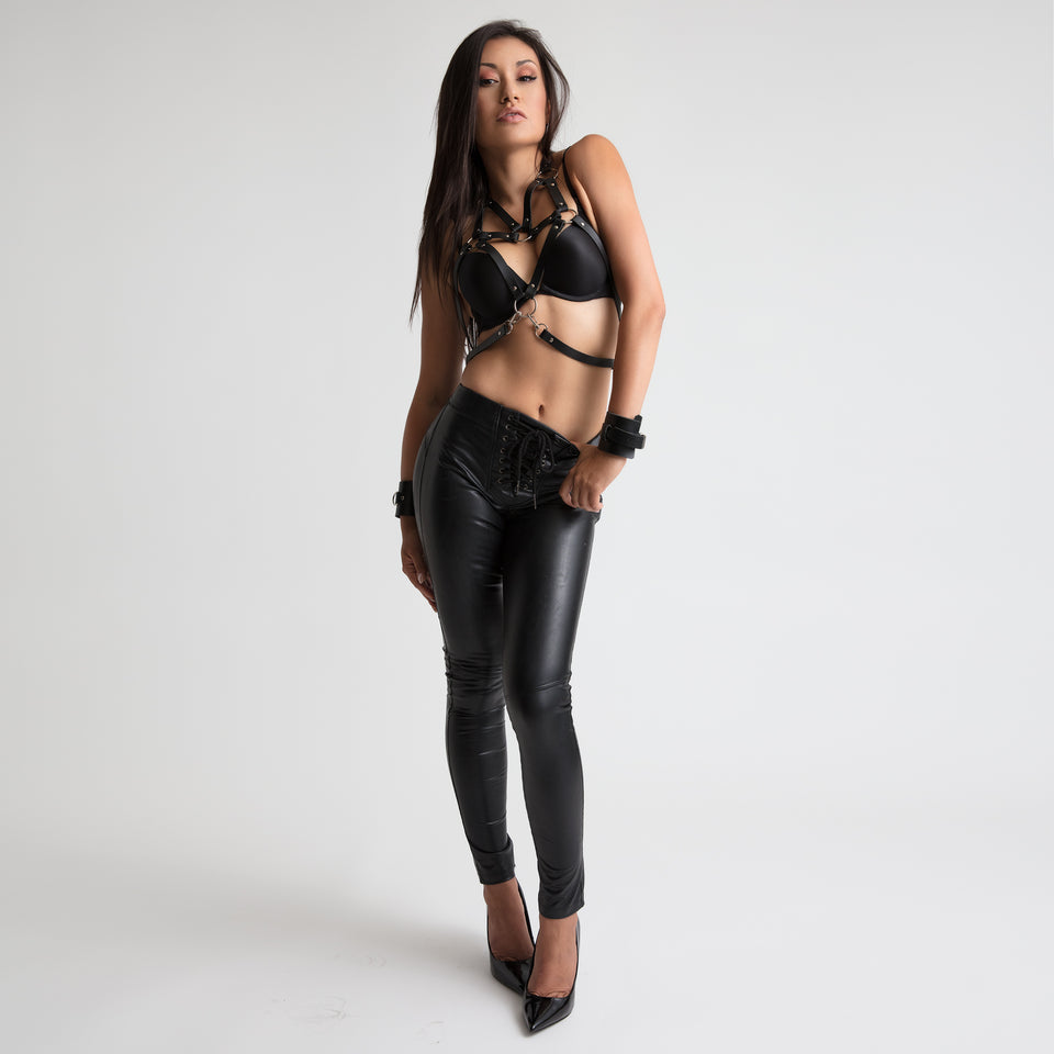 model wearing new york womens body harness