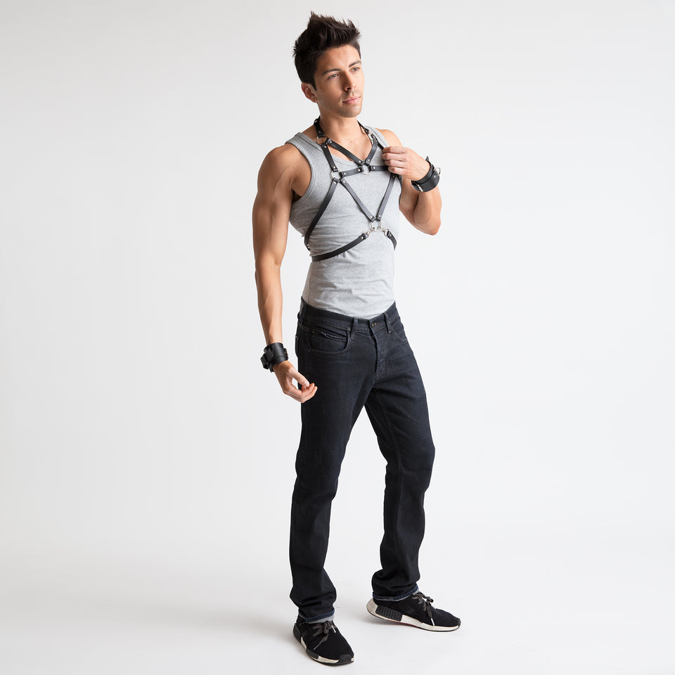 model wearing new york mens body harness