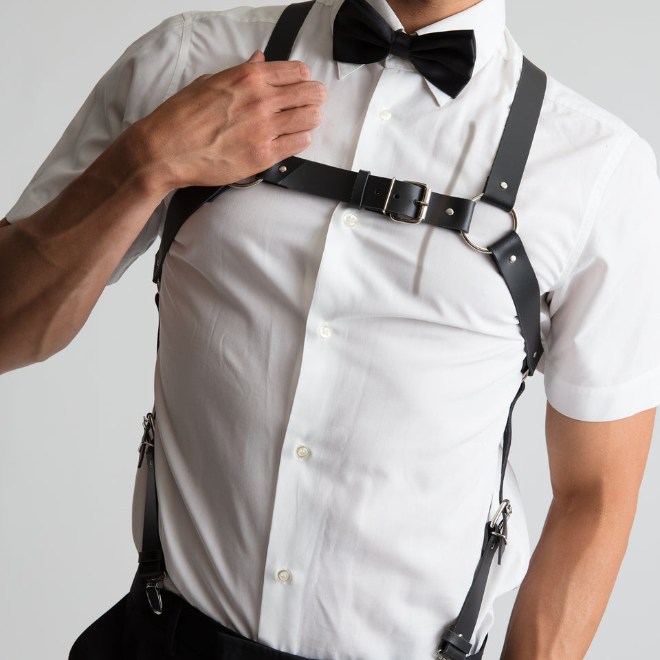 model wearing savage mens body harness