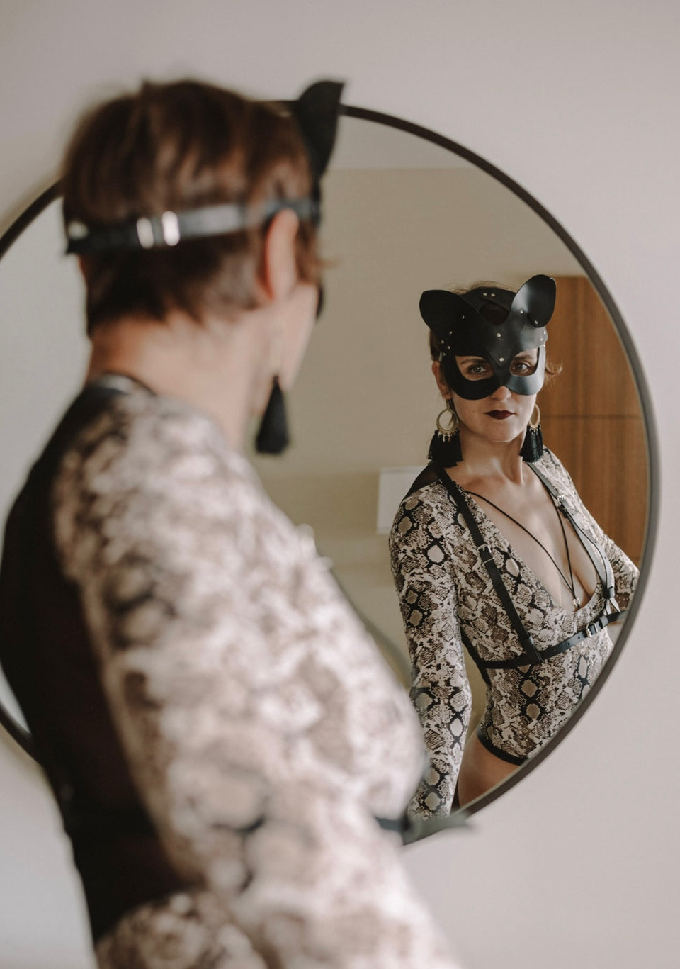 model wearing casual body harness