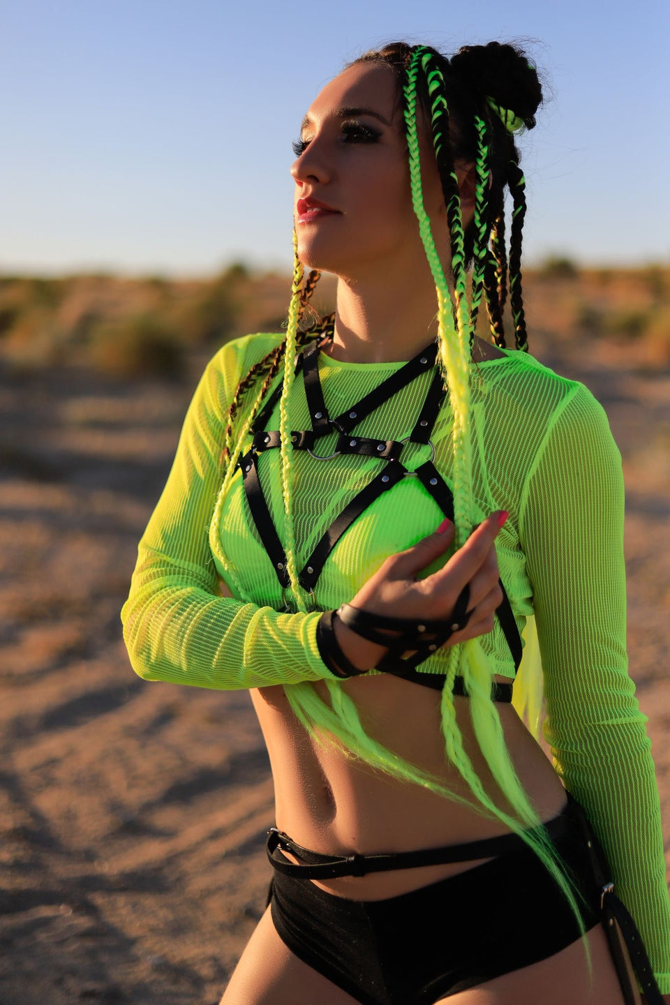 model wearing new york womens body harness